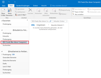 Folder area in Outlook with the RSS feeds section